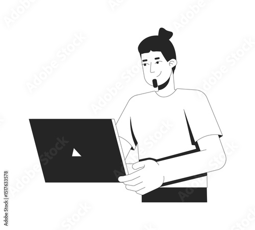 Caucasian man using laptop 2D line character. Freelance lifestyle. Online gaming. Digital nomad. Freelancer gamer european male isolated vector ink outline person. Monochromatic spot illustration