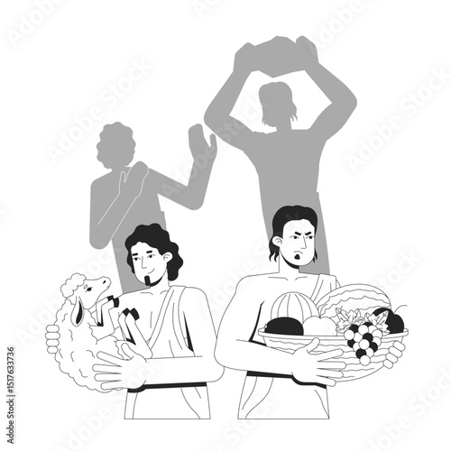 Cain and Abel line illustration concept. Bible story. Old testament. Brothers with offerings, first biblical murder silhouette outline 2D bible characters isolated. Ink linear metaphor vector art