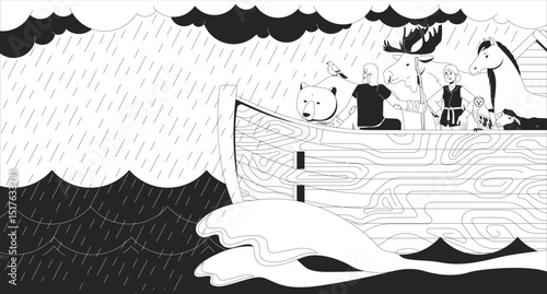 Noah ark sailing through storm with animals line illustration. Bible story. Old testament. God wrath. Biblical flood rainfall 2D ink linear bible characters monochrome. Flat outline vector image
