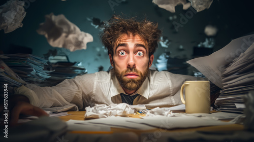 A stressed man struggles as he drowns in a massive pile of documents, overwhelmed by paperwork and deadlines. The concept of workplace stress, bureaucracy, and information overload. Generative AI.