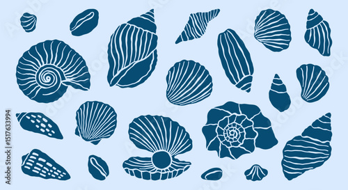 Underwater ocean shells simple minimalist retro illustrations set. Seashells vector doodles