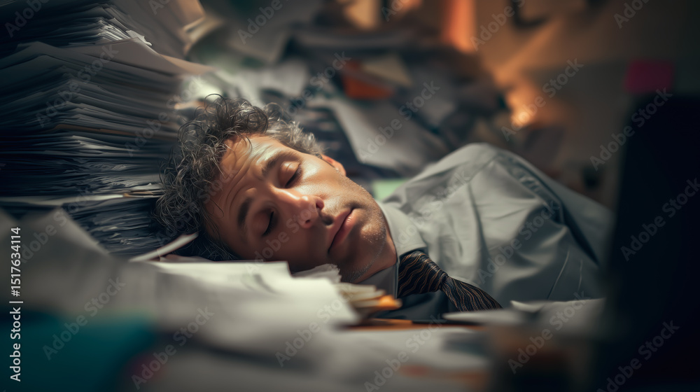 Fototapeta premium A stressed man struggles as he drowns in a massive pile of documents, overwhelmed by paperwork and deadlines. The concept of workplace stress, bureaucracy, and information overload. Generative AI.