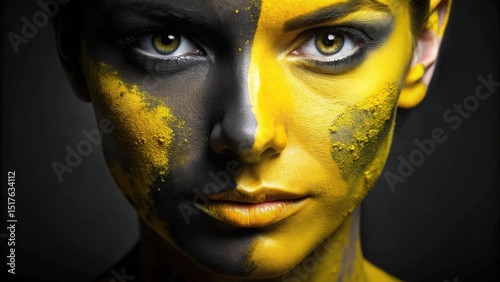 Female face , half of the face in yellow paint, black, beautiful, minimalism 