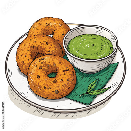 A crispy, golden-brown Medu Vada served with a vibrant green coconut chutney dip, garnished with cilantro.  High-resolution, close-up shot.
