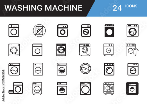 Washing Machine Icon Set: A comprehensive collection of minimalist line icons representing various washing machine models and features, perfect for infographics and user interface design.