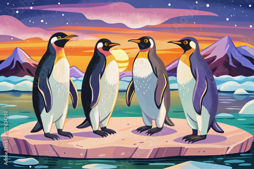Vector illustration of Antarctic penguins standing on icy terrain, surrounded by vast frozen landscape under a cold blue sky, minimal and clean