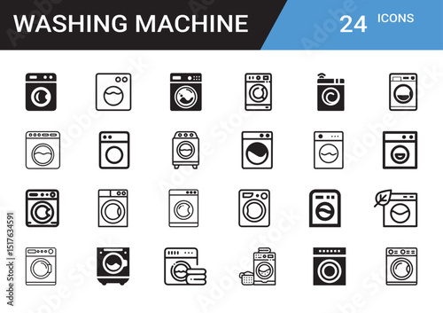Washing Machine Icon Collection: A sleek collection of 24 washing machine icons, perfect for design projects related to laundry, home appliances, and household tasks.