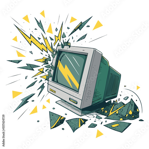 A vintage CRT monitor explodes into a vibrant, glitching, fragmented digital cascade, showcasing pixelated artifacts and data streams.  Grainy texture.