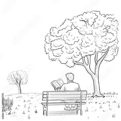 Sketch illustration in the park in summer, autumn spring. Man sitting in the bench, outside, reading the book