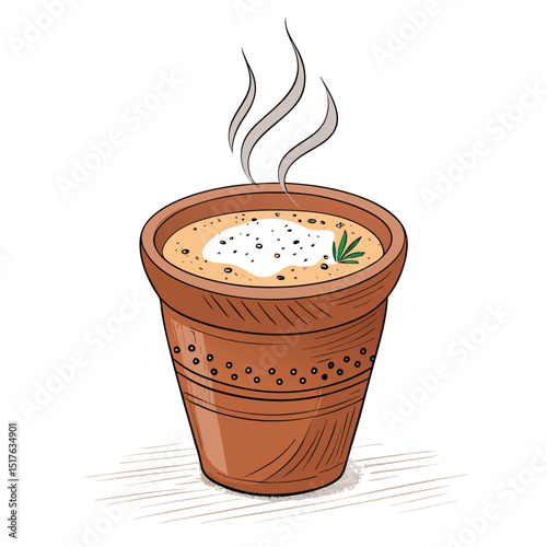 Steaming cup of Masala Chai in a traditional clay kulhad, showing rich color and texture.  Focus on the steam and aroma.