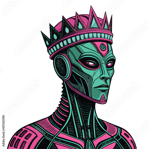 Render a detailed image of a cybernetic alien with a glitching holographic face, showcasing advanced technology and intricate detail.