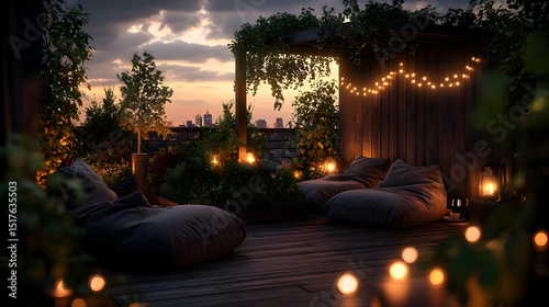 Rooftop Terrace Evening Ambiance With String Lights