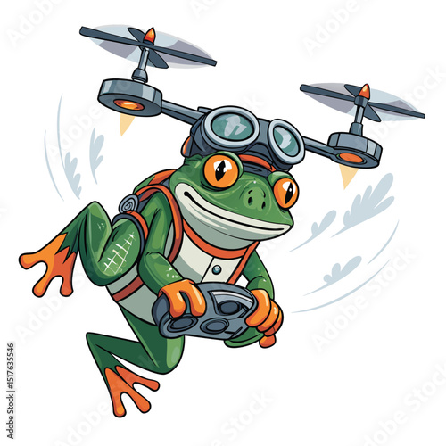 A cyberpunk frog, wearing goggles, bravely pilots a futuristic drone through a neon-lit cityscape.