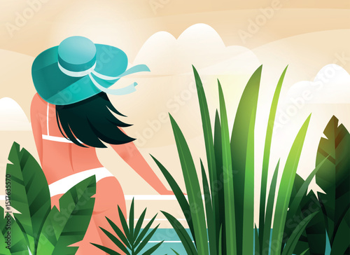 A serene woman wearing a wide-brimmed sun hat and a swimsuit relaxes on a sandy beach with calm blue waters and a clear sky in the background. Perfect summer vacation scene.