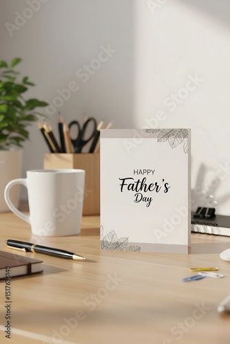 Father's Day Card on Desk with Office Supplies and Coffee Mug