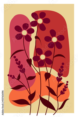 Modern abstract floral poster art featuring bold flower silhouettes and organic shapes in warm earthy tones