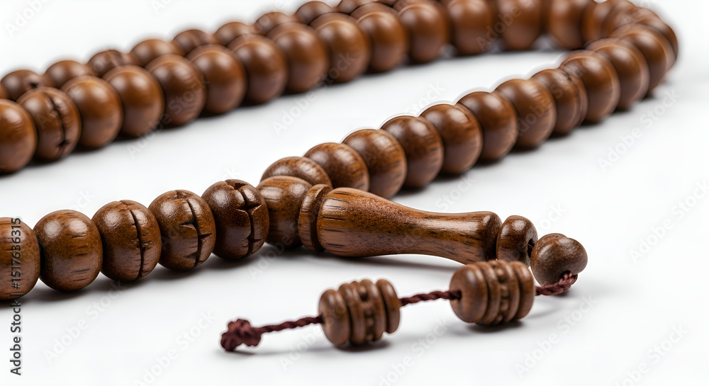 A close-up of prayer beads (tasbih) on a white background A close-up of prayer beads (tasbih) on a white background