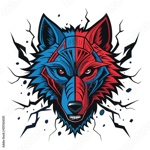 A metallic wolf head, cyborg-enhanced, violently fracturing, revealing internal circuitry amidst a chaotic visual noise distortion.