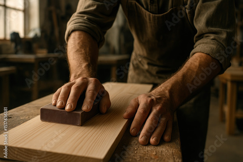 Man sanding wood with focus and precision in a workshop filled with tools and sawdust, creating fine craftsmanship.
