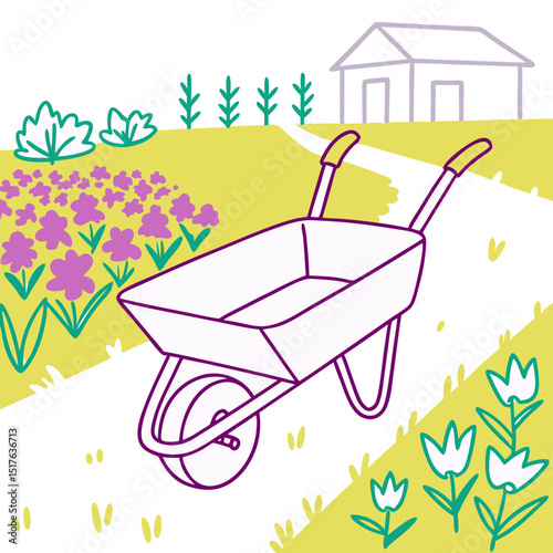 Wheelbarrow in vibrant garden with flowers and a house backdrop  