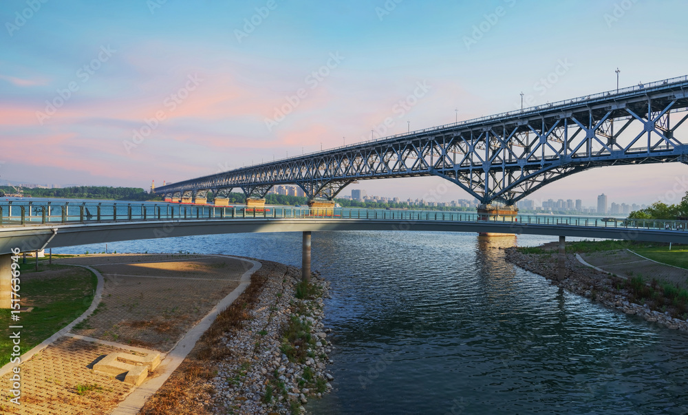 Fototapeta premium Nanjing Yangtze River Bridge and Bridge Park Pier and Tourist Scenery in Jiangsu Province, China on May 12, 2025