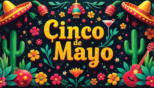 Festive Cinco de Mayo Celebration with Sombreros, Cacti, Guitar, and Colorful Flowers