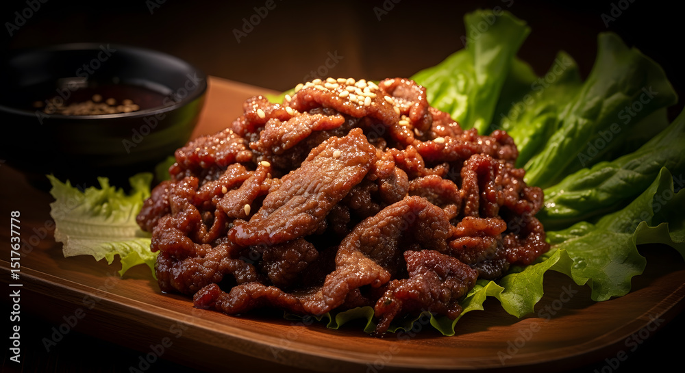 Sizzling Korean BBQ A Culinary Delight of Marinated Beef, Sesame Seeds, and Fresh Lettuce Sizzling Korean BBQ A Culinary Delight of Marinated Beef, Sesame Seeds, and Fresh Lettuce