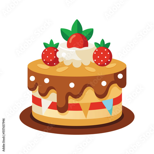 Delicious and festive cartoon layer cake with strawberries and chocolate glaze decoration