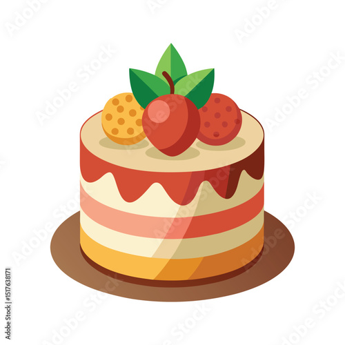 Delicious layered birthday cake adorned with fruit decorations in a vibrant flat illustration