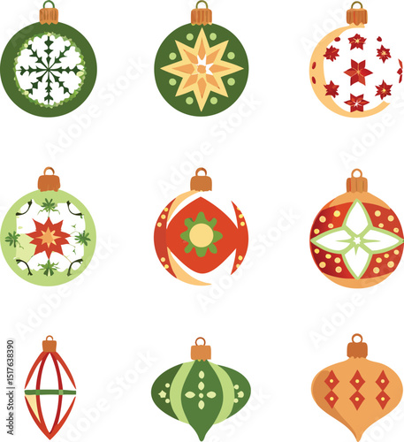 Collection of nine Christmas ornaments with different shapes and patterns on white background