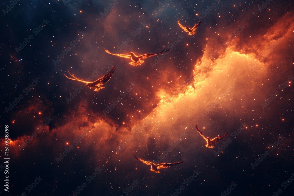 Fototapeta premium Colorful birds soaring through a vibrant cosmic landscape filled with stars and nebulas