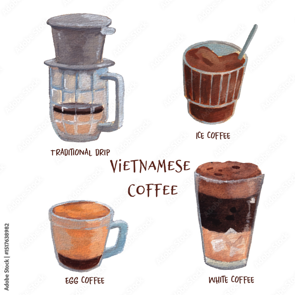 Vietnamese coffee watercolor: Phin, Egg, White, Milk set. Cute coffee cups painting isolated on white, vector format. Famous drink beverage, elements for menu, posters. Vietnam cuisine, culture. 
