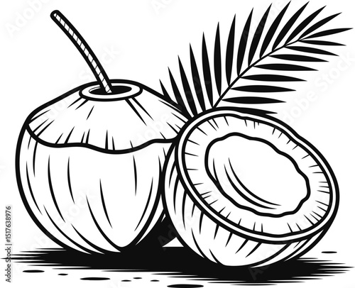 Whole and Halved Coconut with Palm Leaves Silhouette Vector.