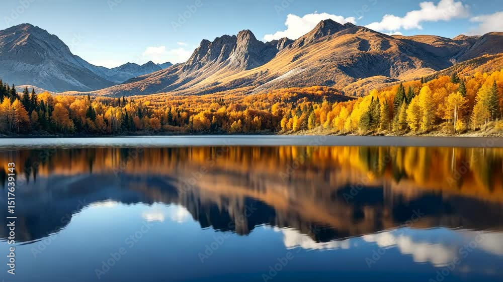 Stunning autumn landscape showcases a reflective lake and mountain scenery under a blue sky.