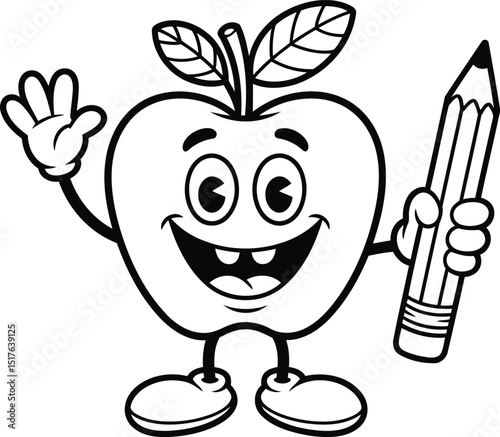 Happy Cartoon Apple Character Holding Pencil Silhouette Vector.