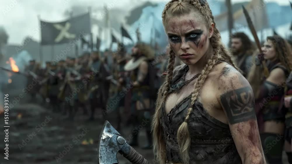 The fierce gaze of a strong Viking woman warrior: intense expression, battle spirit, fearless glance, Norse strength, warrior pride, ancient courage, piercing eyes, fierce presence, valiant heart.