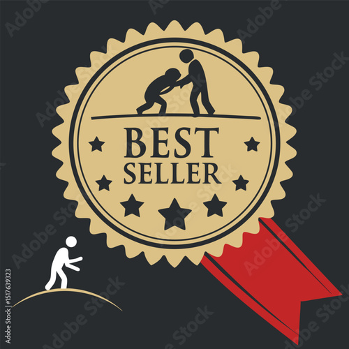 Best seller emblem with two figures helping each other and a ribbon on a dark gray background