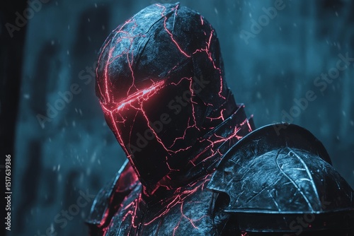 Dark armored figure stands resolute in the rain with glowing red accents and cracks in a moody atmosphere