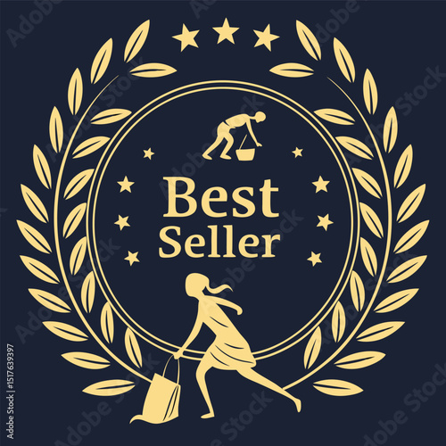 Best seller emblem with laurel wreath stars and woman with shopping bag on a dark blue background