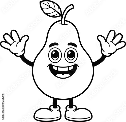 Happy Cartoon Pear Character with Leaf, Arms, and Shoes Silhouette.