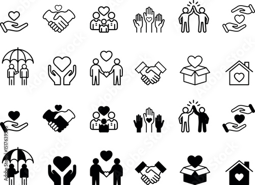 Large vector icon set illustrating social services, family care, donations, and community involvement in a clean and mod