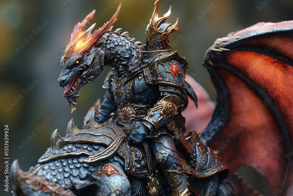 Fototapeta premium Majestic dragon rider in ornate armor navigating through a mystical forest landscape