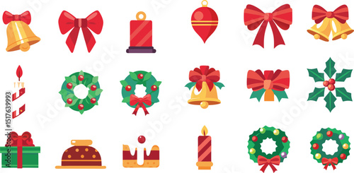 Festive Christmas Icons Bells Bows Wreaths Candles and Holiday Treats