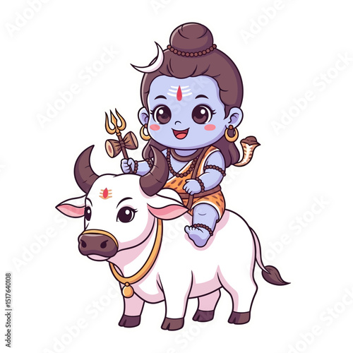 cute cartoon representation of a young hindu deity riding a sacred bull with traditional accessories and a trident symbol