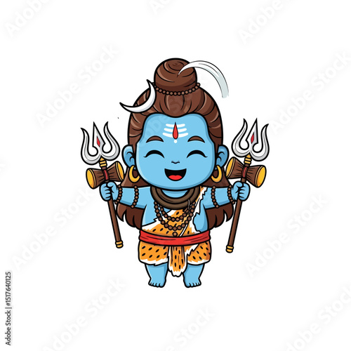 Cute chibi style depiction of the hindu god shiva holding multiple tridents and bells