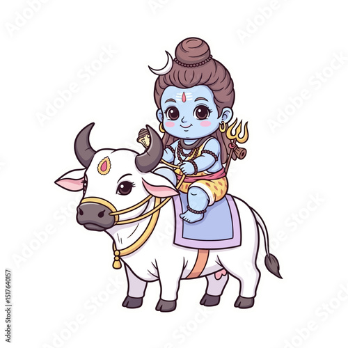 Illustration of a cute blue child deity riding a white bull with trident and crescent moon