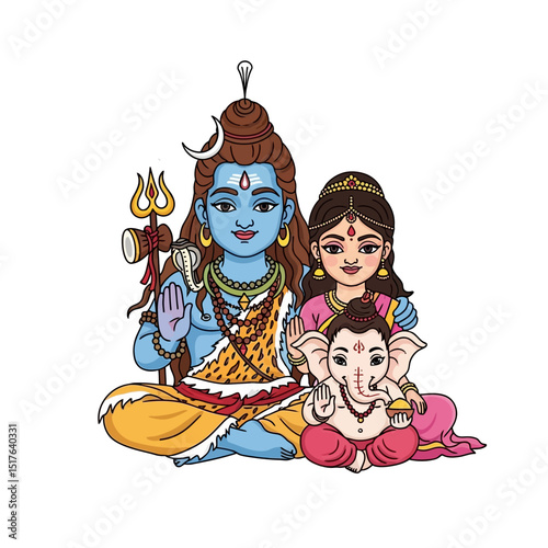 Illustration of Lord Shiva with Goddess Parvati and baby Ganesha in traditional Hindu art style