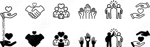 Solid black vector icons showing community aid, giving, charity, volunteerism, social work, and teamwork—perfect for donation apps, nonprofit visuals, or outreach graphics