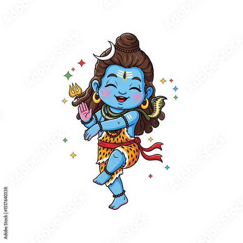 Illustration of a joyful blue-skinned deity dancing with traditional symbols and bright colors