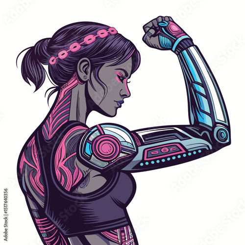 A fierce female cyborg fighter, powerful mech arms, vibrant glowing bioluminescent tattoos, futuristic battle armor.
